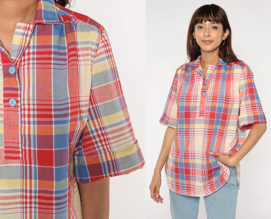 80s Plaid Cotton Blouse Short Sleeve Button-Up Shirt Red Blue Yellow Large L