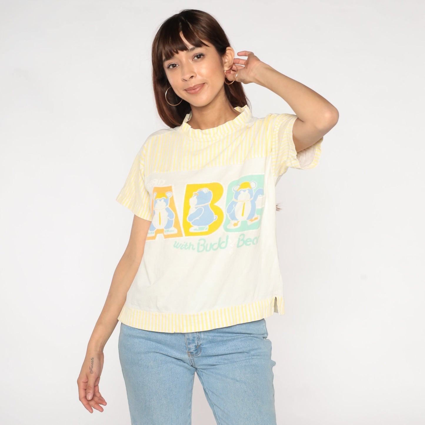 90s Buddy Bear ABC Striped Mockneck Tee Yellow White Graphic Medium M