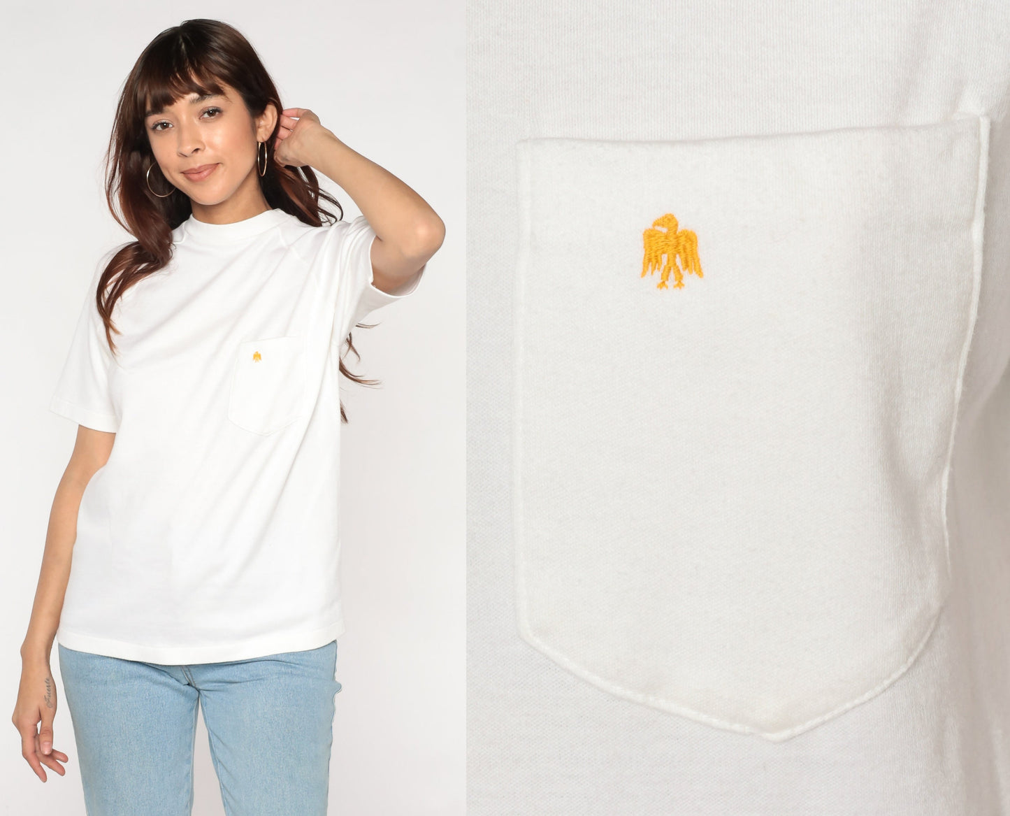 80s White Raglan Sleeve T-Shirt Embroidered Eagle Chest Pocket Cotton Medium