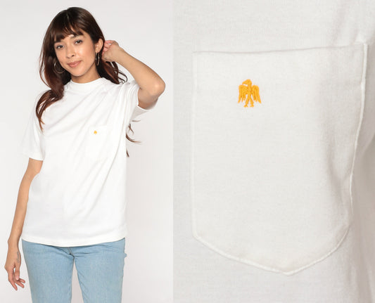80s White Raglan Sleeve T-Shirt Embroidered Eagle Chest Pocket Cotton Medium