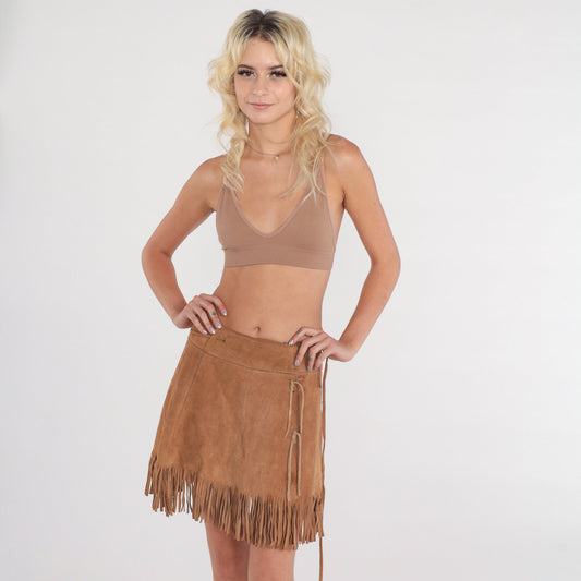 80s Brown Suede Fringe Mini Skirt Wrap High Waist Extra Small