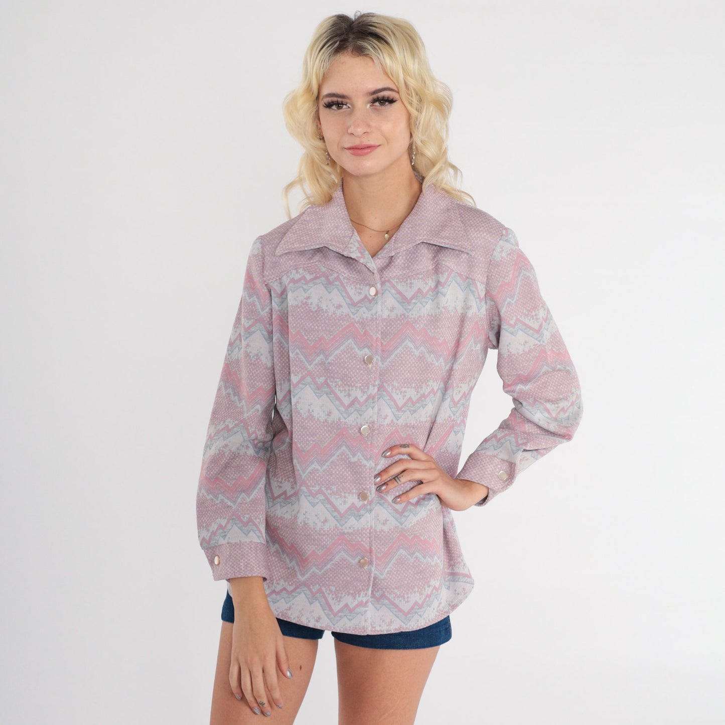 70s Zig Zag Striped Button-Up Shirt Pink Grey Dagger Collar Long Sleeve Large