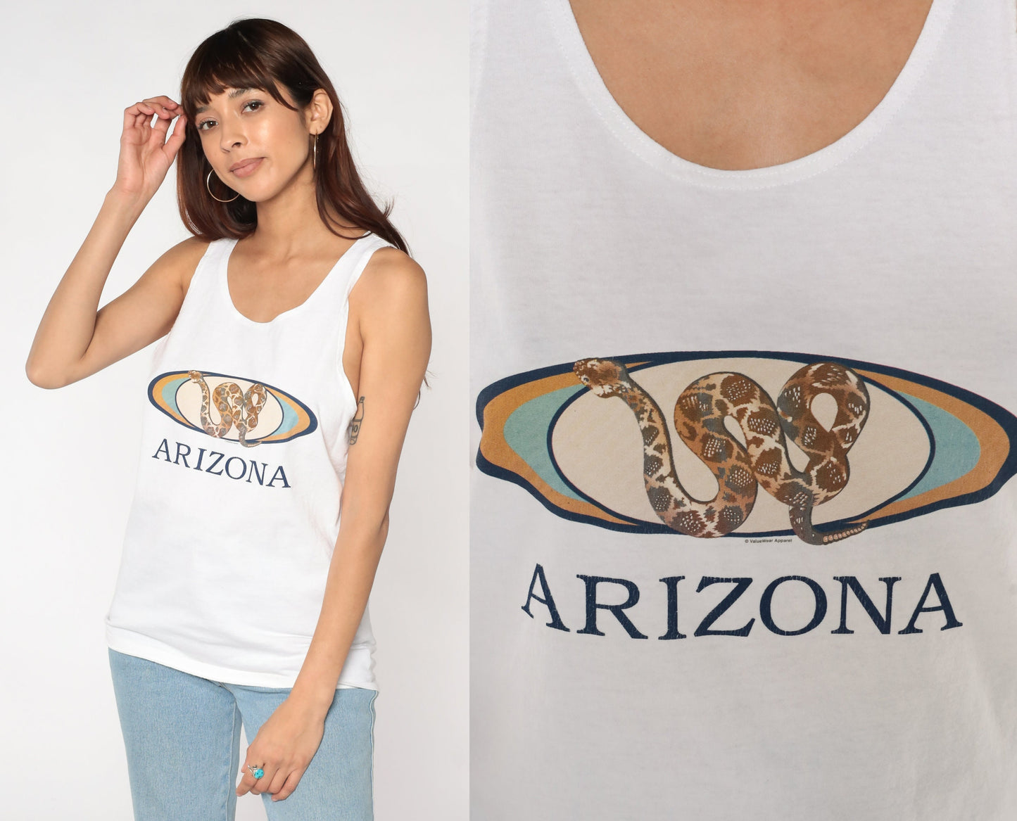 Y2K Arizona Snake Graphic Tank Top White Cotton Small S