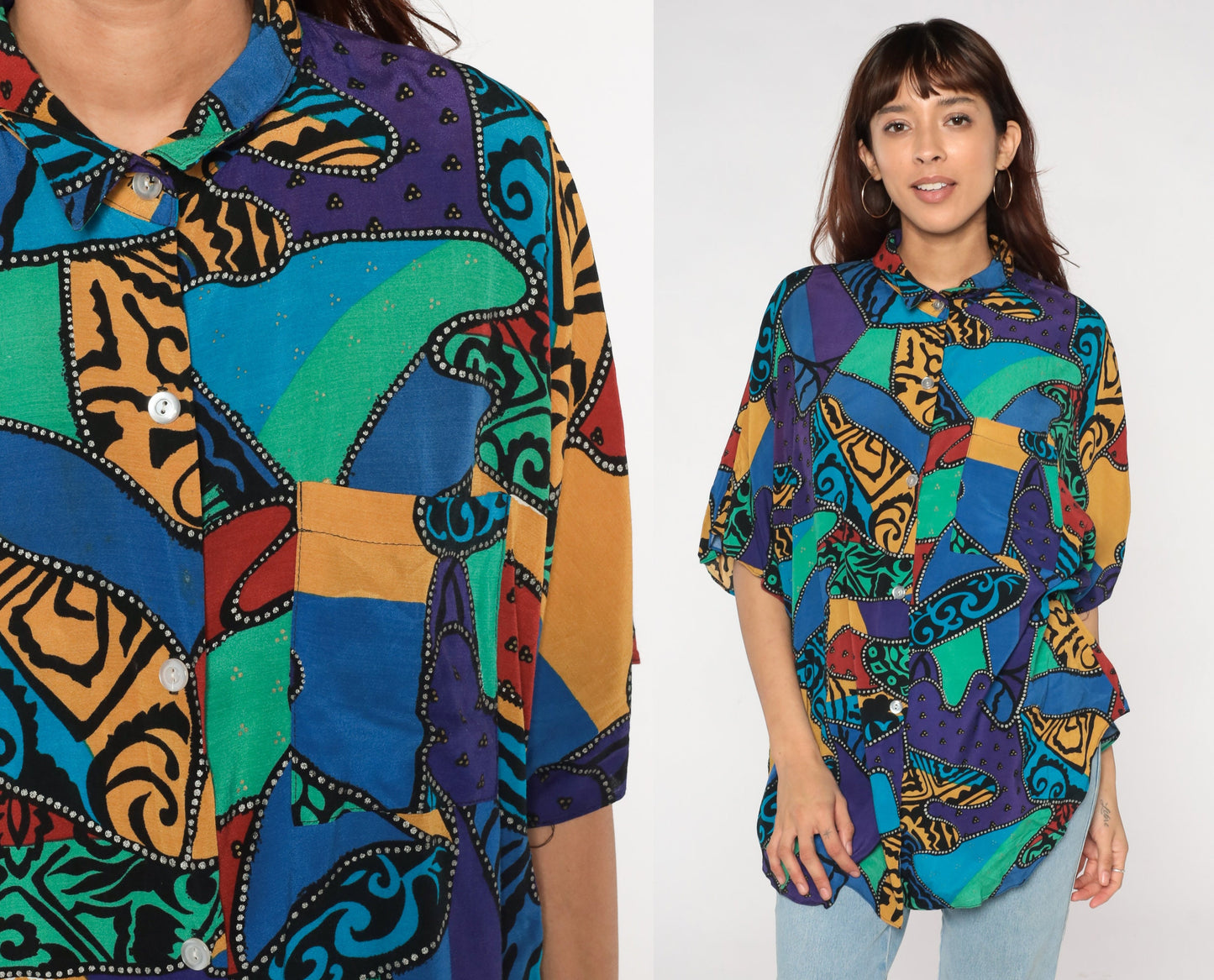 90s Abstract Patchwork Button-Up Blouse Psychedelic Print Extra Large