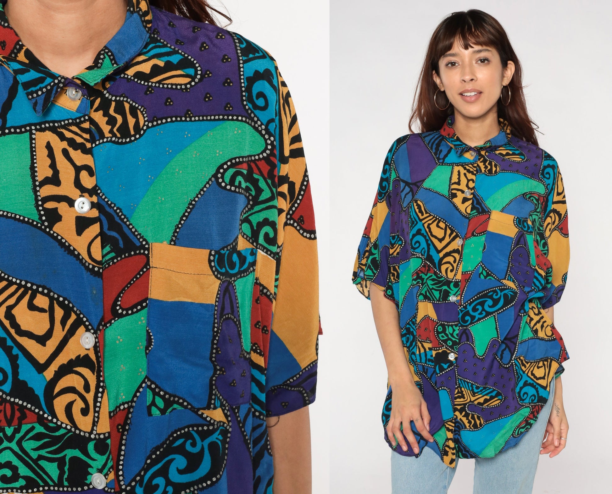90s Abstract Patchwork Button-Up Blouse Psychedelic Print Extra Large