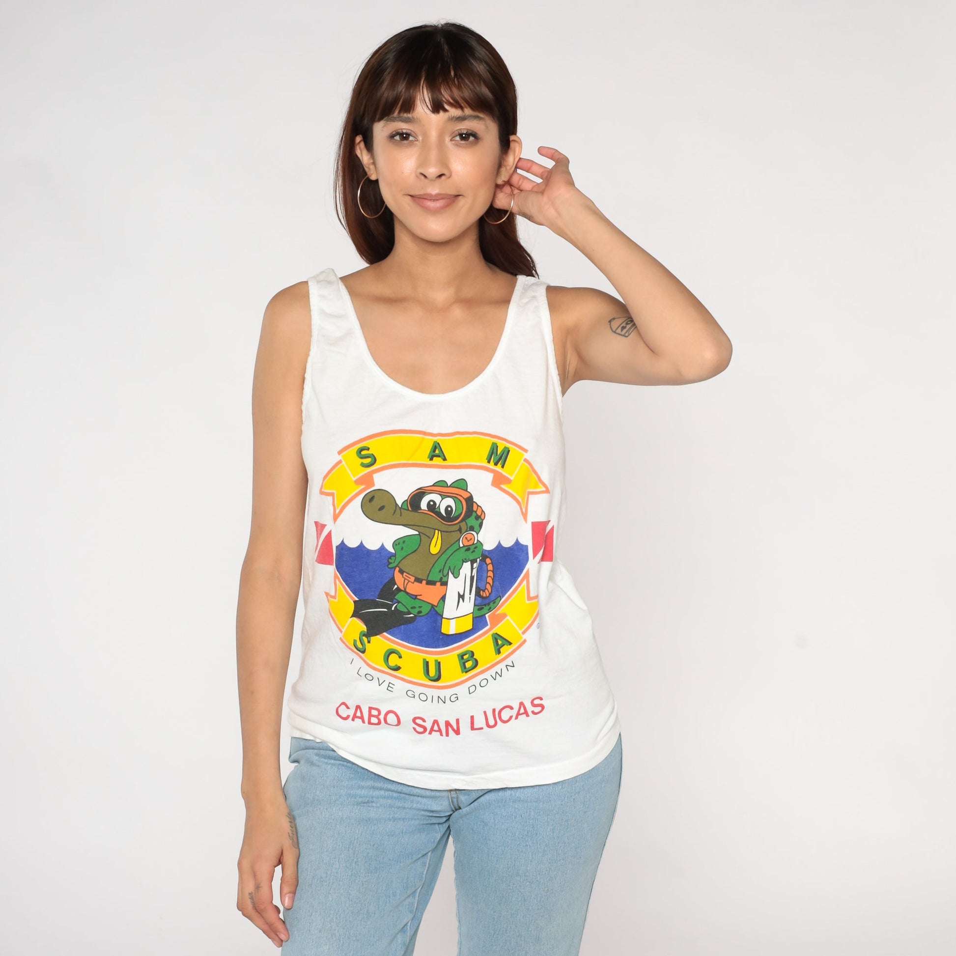 80s Scuba Mexico Cabo San Lucas Tank Top Graphic Tee White Small