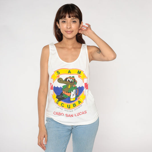 80s Scuba Mexico Cabo San Lucas Tank Top Graphic Tee White Small