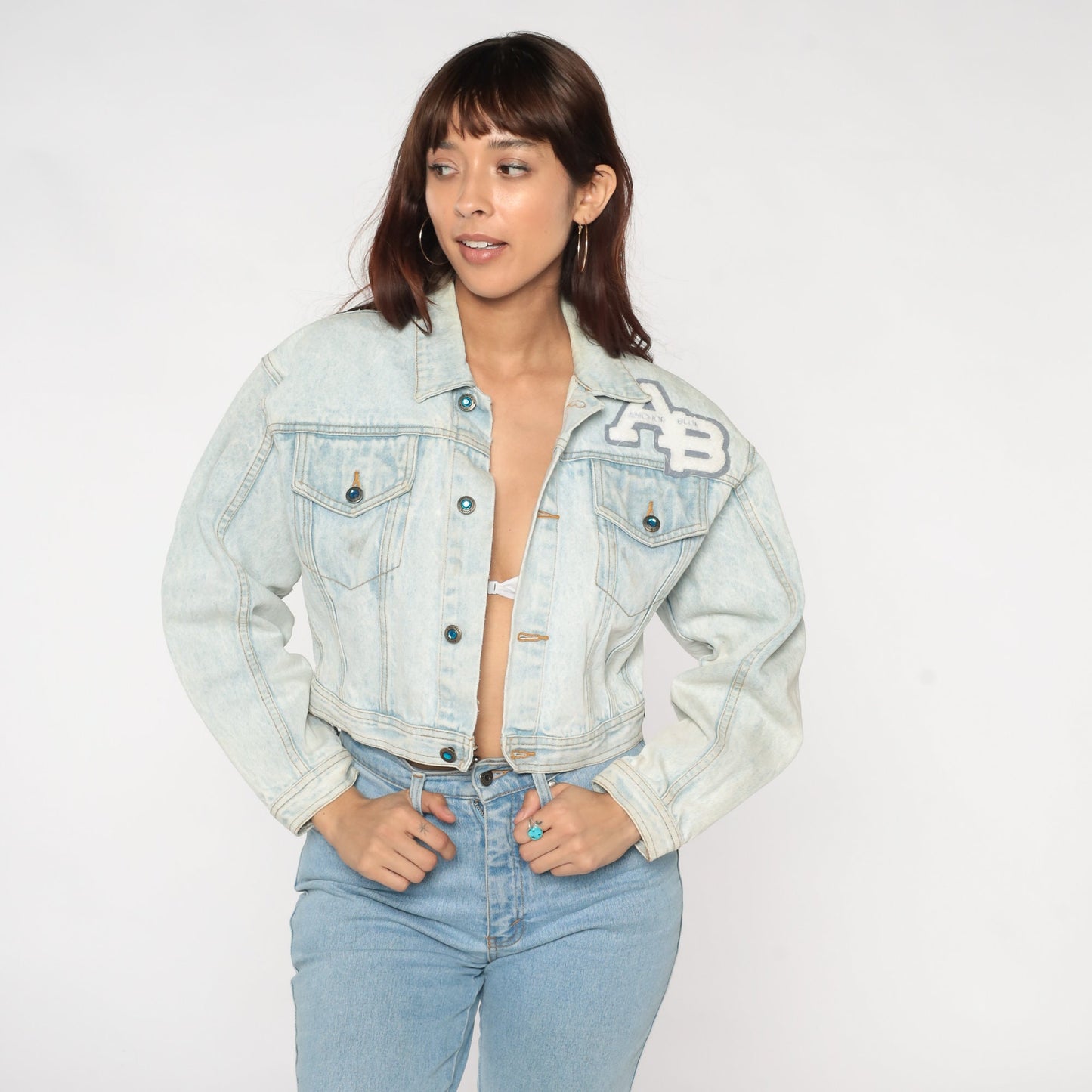 90s Anchor Blue Stone Wash Denim Jacket Cropped Button Up Extra Small