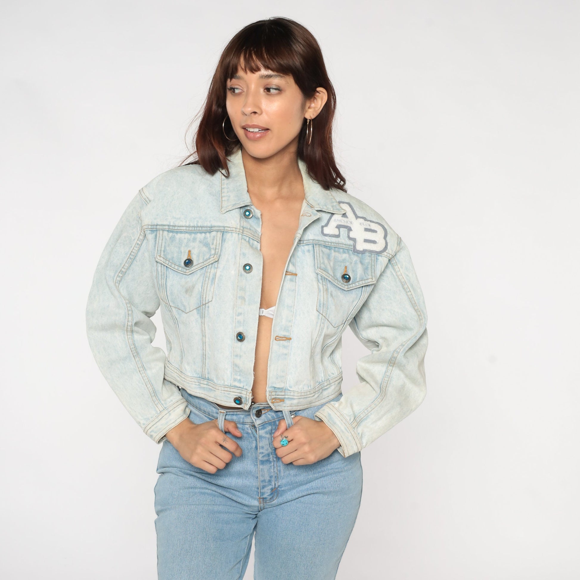 90s Anchor Blue Stone Wash Denim Jacket Cropped Button Up Extra Small
