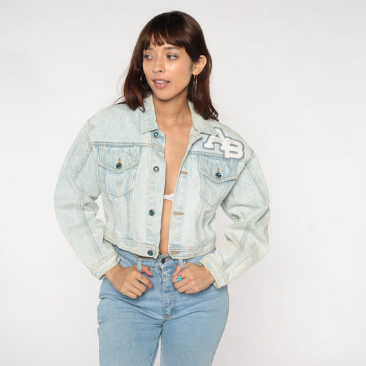 90s Anchor Blue Stone Wash Denim Jacket Cropped Button Up Extra Small
