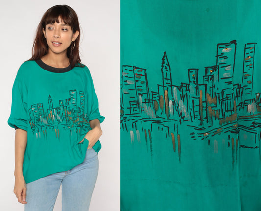 80s City Skyline Rhinestone Blouse Green Semi-Sheer Ringer Trim Medium