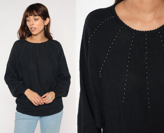 80s Black Beaded Knit Sweater Batwing Dolman Sleeve Pullover Small Medium