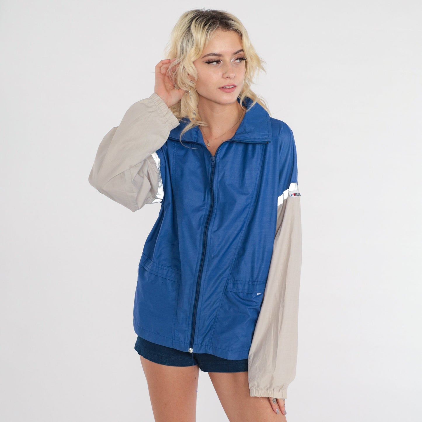 80s Brooks Color Block Windbreaker Blue Grey Reflective Jacket Large L