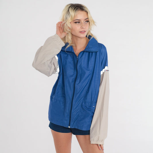 80s Brooks Color Block Windbreaker Blue Grey Reflective Jacket Large L