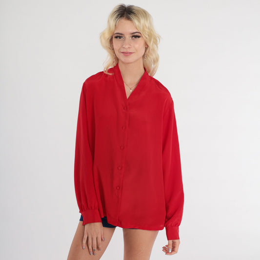 80s Pendleton Red Button-Up Blouse V-Neck Long Sleeve Medium