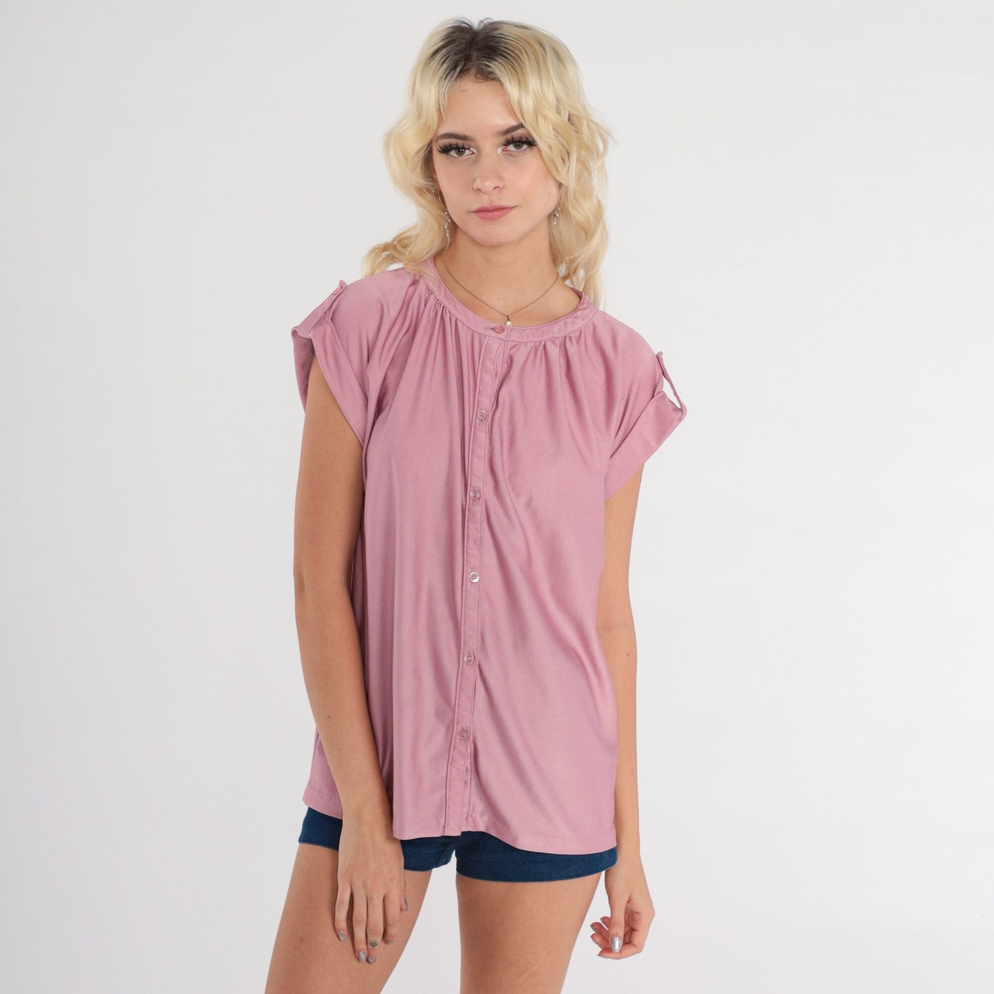 70s Lavender Button-Up Blouse Cap Sleeve Epaulette Shiny Top Small