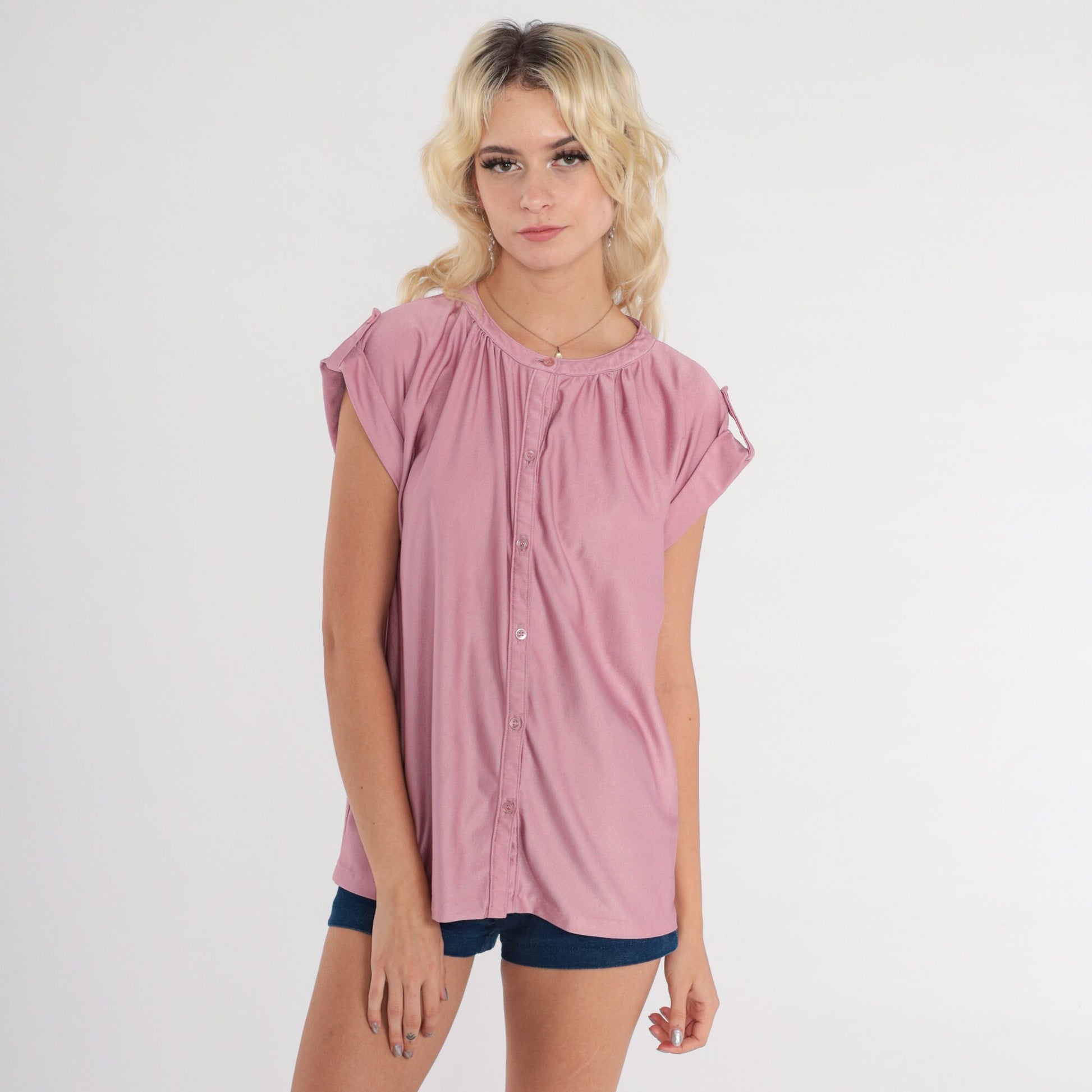 70s Lavender Button-Up Blouse Cap Sleeve Epaulette Shiny Top Small