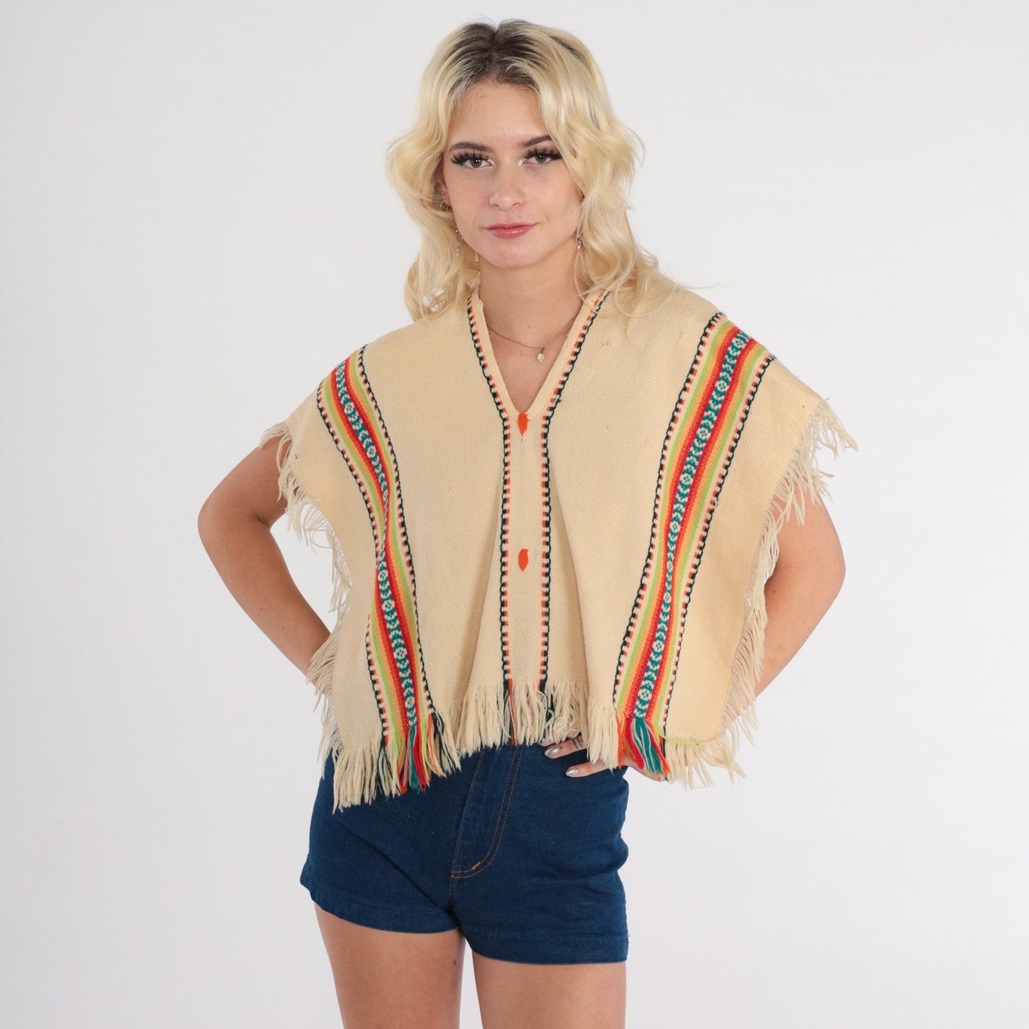 70s Cream Wool Poncho Southwestern Print Fringe Cape Small