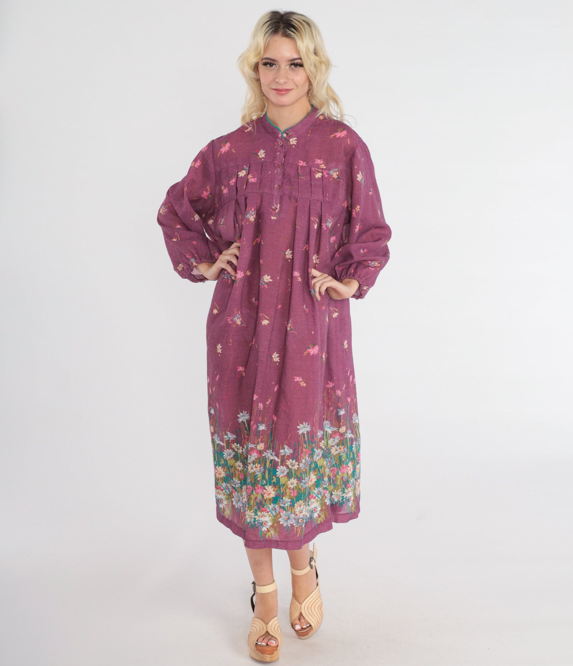 70s Wildflower Purple Floral Midi Dress Button-Up Long Sleeve Large