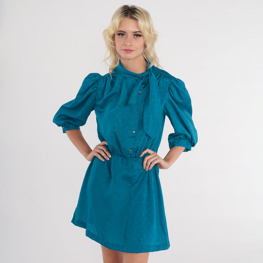 80s Blue Mini Shirtdress Puff Sleeve Ascot Tie Neck Button Up Medium