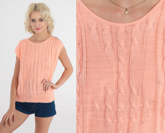 80s Peach Cable Knit Sweater Cap Sleeve Top Small