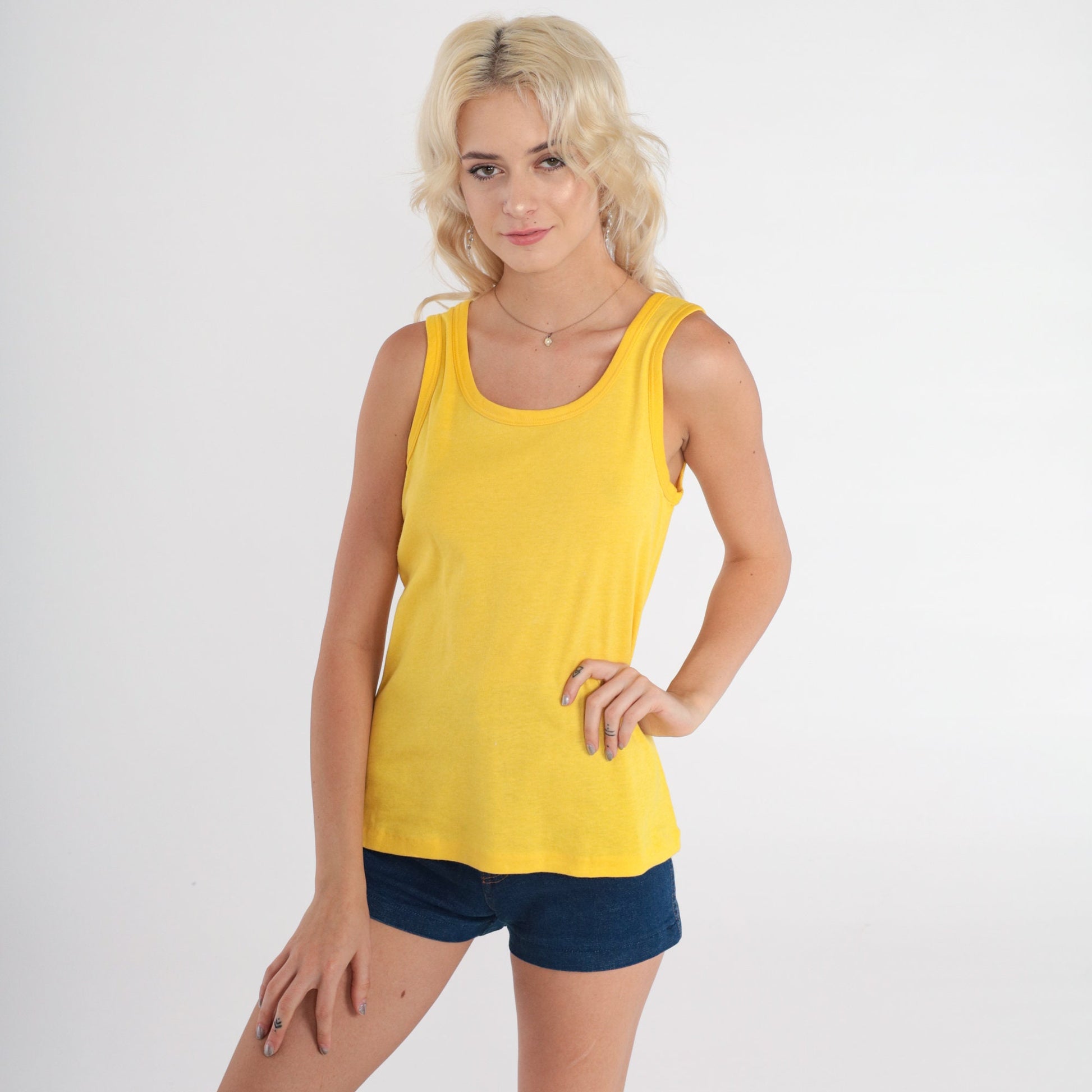 80s Yellow Tank Top Sleeveless Shirt Cotton Blend Small S