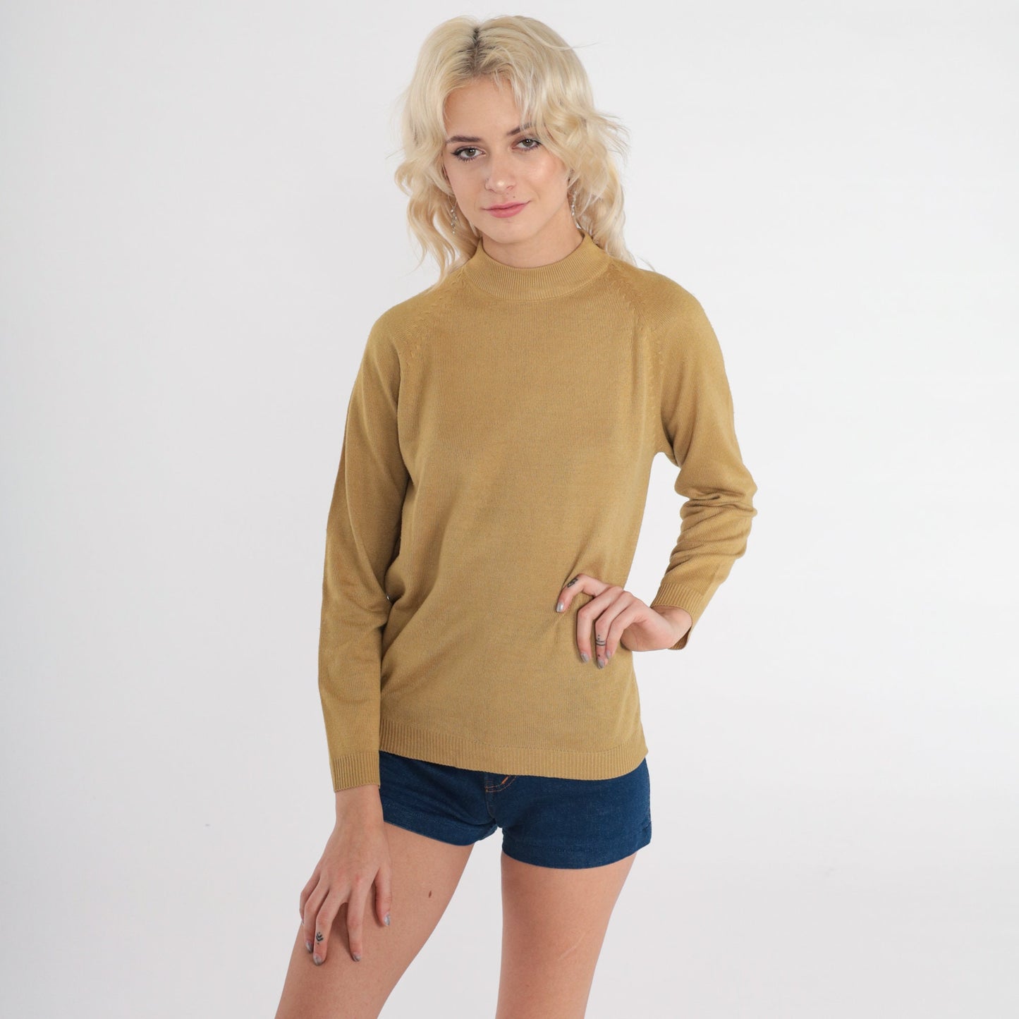 70s Dark Mustard Yellow Knit Sweater Mock Neck Raglan Pullover Medium
