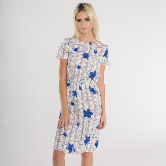 80s Striped Floral Hibiscus Leaf Print Dress High Waist Short Sleeve Knee Length XS