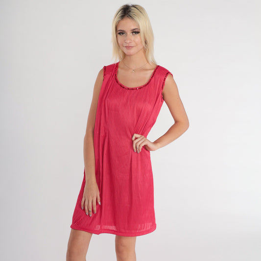 70s Dark Pink Mini Dress Sequin Trim Pleated Shift Sleeveless XS