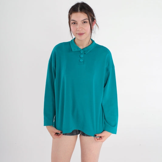 90s Teal Green Collared Long Sleeve Polo Shirt Medium M