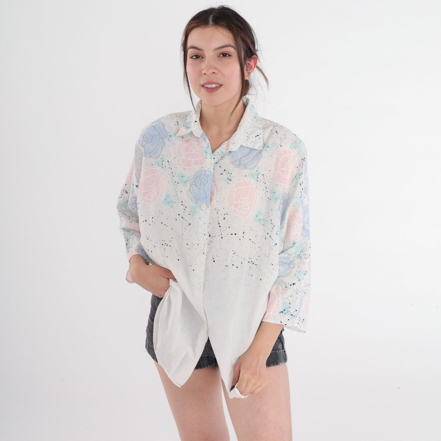 90s Maggie Sweet Floral Button Up Blouse White Glitter Rose Print Large