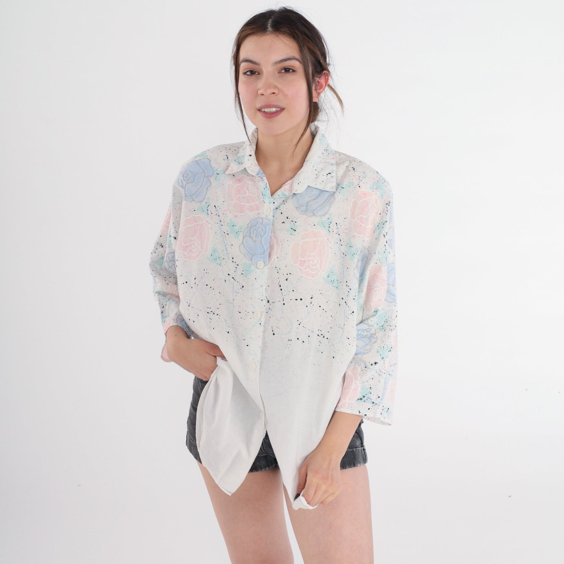 90s Maggie Sweet Floral Button Up Blouse White Glitter Rose Print Large