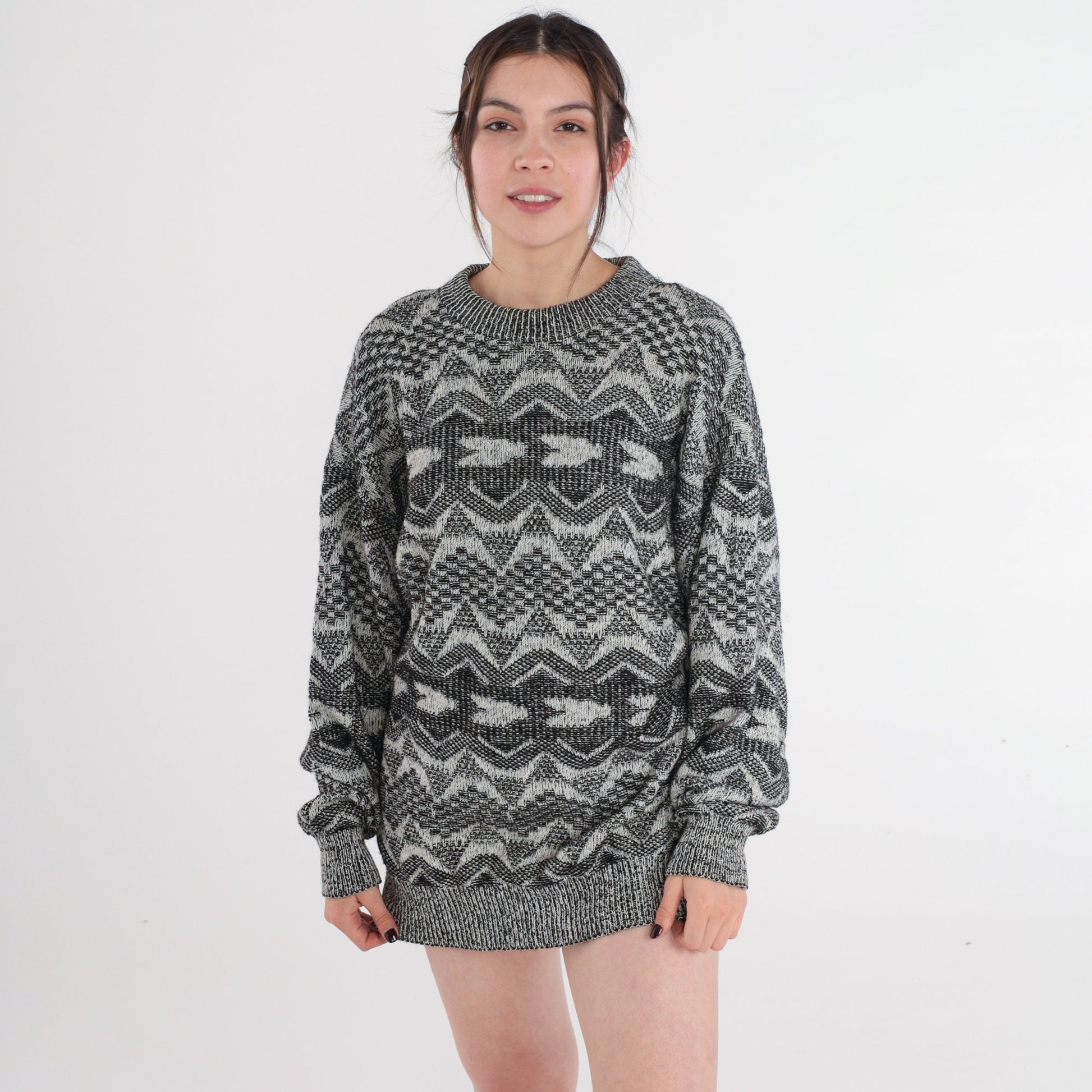 90s Geometric Triangle Wool Blend Sweater Crewneck Pullover Grey Large