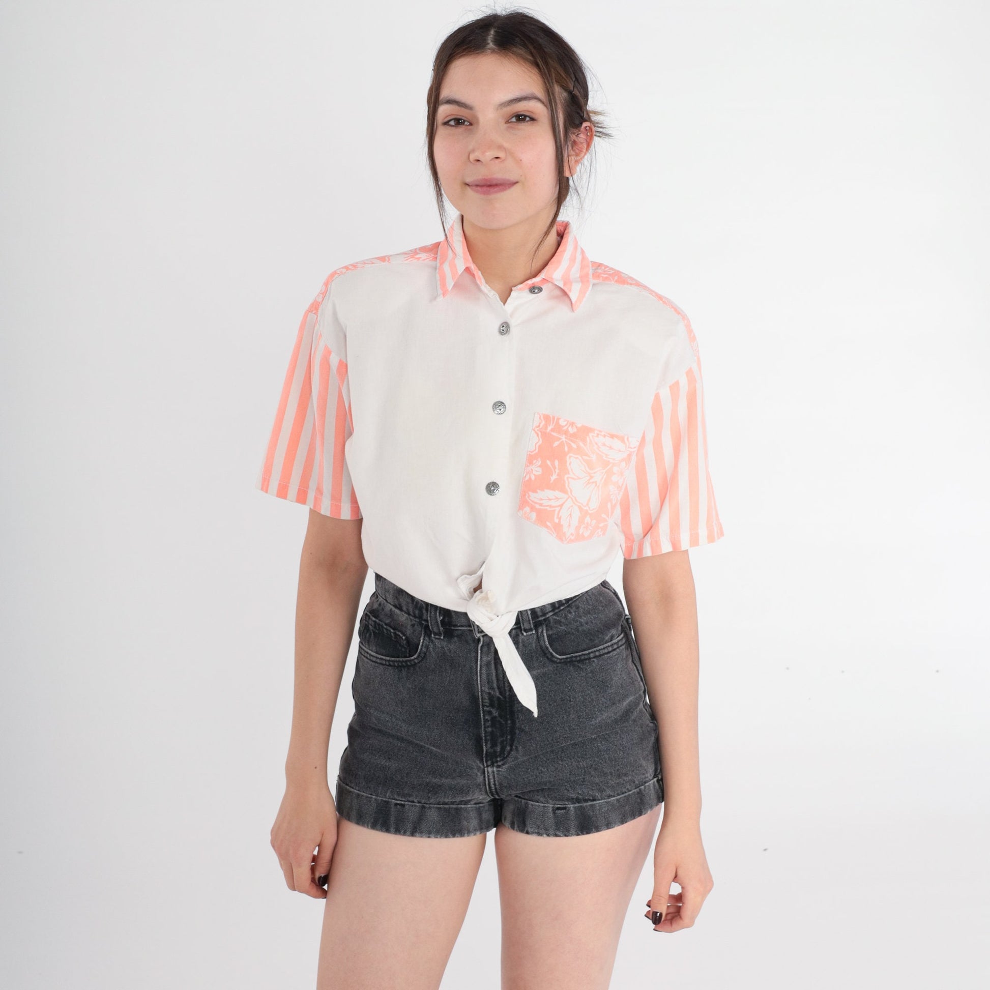 90s Gitano Tropical Floral Crop Top White Peach Striped Button Up Small
