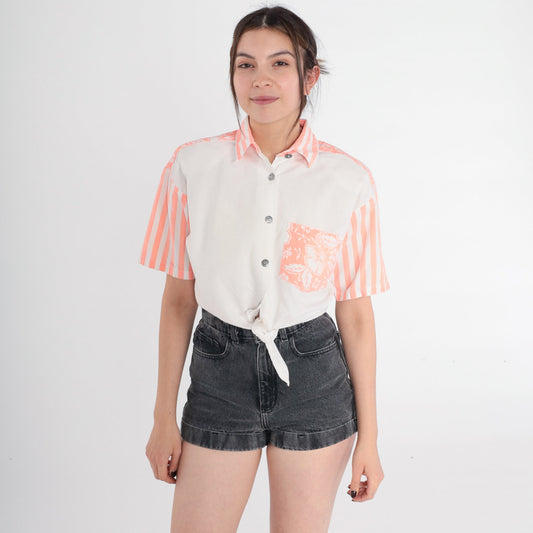 90s Gitano Tropical Floral Crop Top White Peach Striped Button Up Small