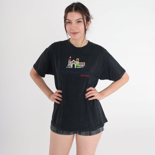 90s Etzatlan Jalisco Mexico Embroidered T-Shirt Black Parroquia Large
