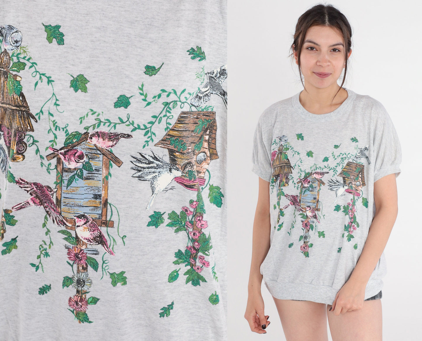90s Birdhouse Graphic T-Shirt Heather Grey Banded Hem Large L
