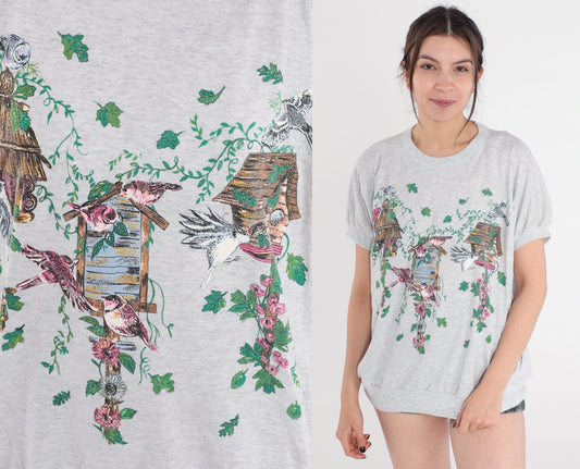 90s Birdhouse Graphic T-Shirt Heather Grey Banded Hem Large L