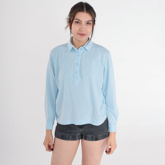 90s Baby Blue Long Sleeve Collared Shirt Cotton Blend Petite Medium