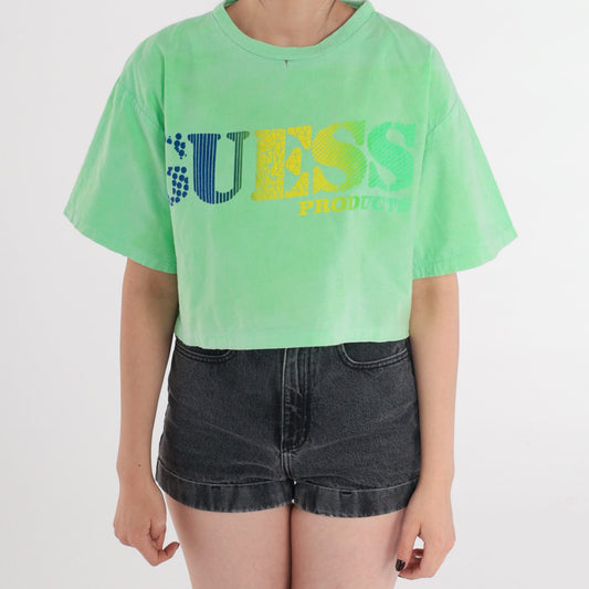 90s Neon Green Crop Top Cotton Logo Graphic Tee Boxy Medium Large