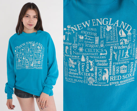 80s New England Raglan Sweatshirt Blue Graphic Crewneck Large