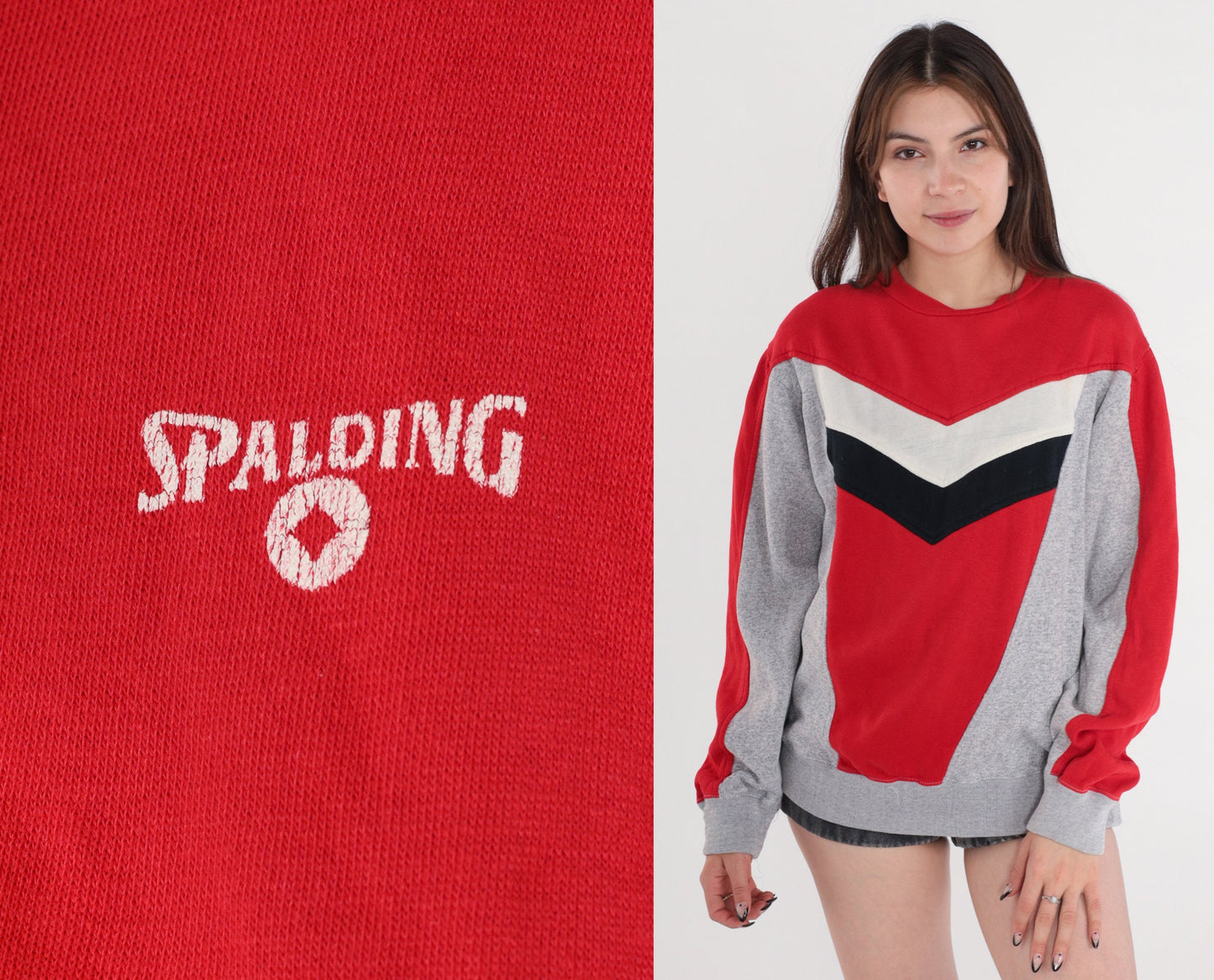 80s Spalding Chevron Striped Crewneck Sweatshirt Colour Block Small