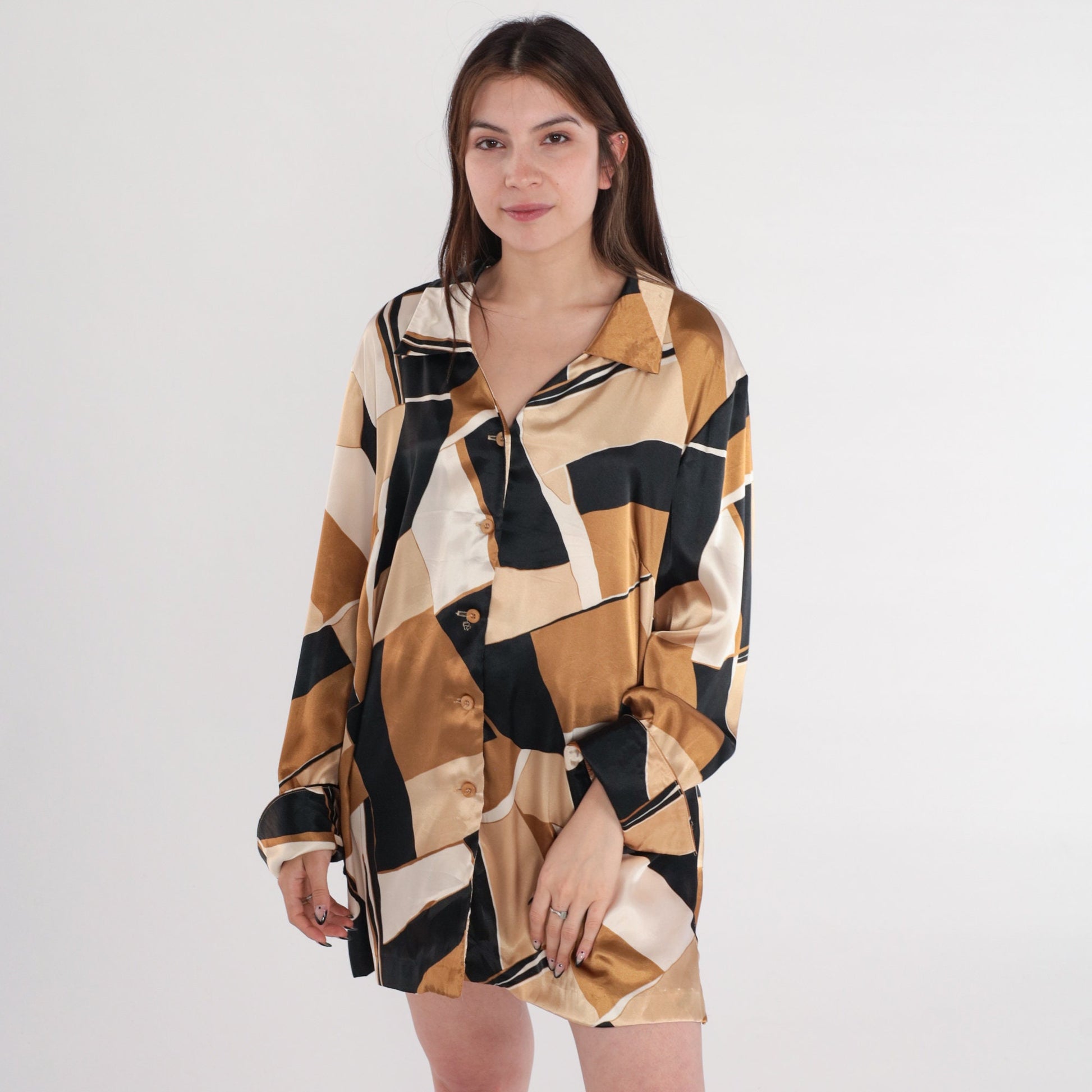 Y2K Abstract Print Button-Up Blouse Long Sleeve Brown Black Cream Extra Large