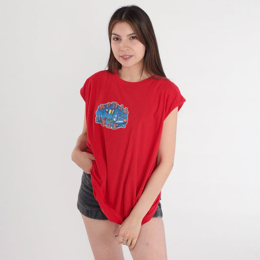 00s Rehab Bar Ios Island Greece Muscle Tank Top Red Graphic Large L