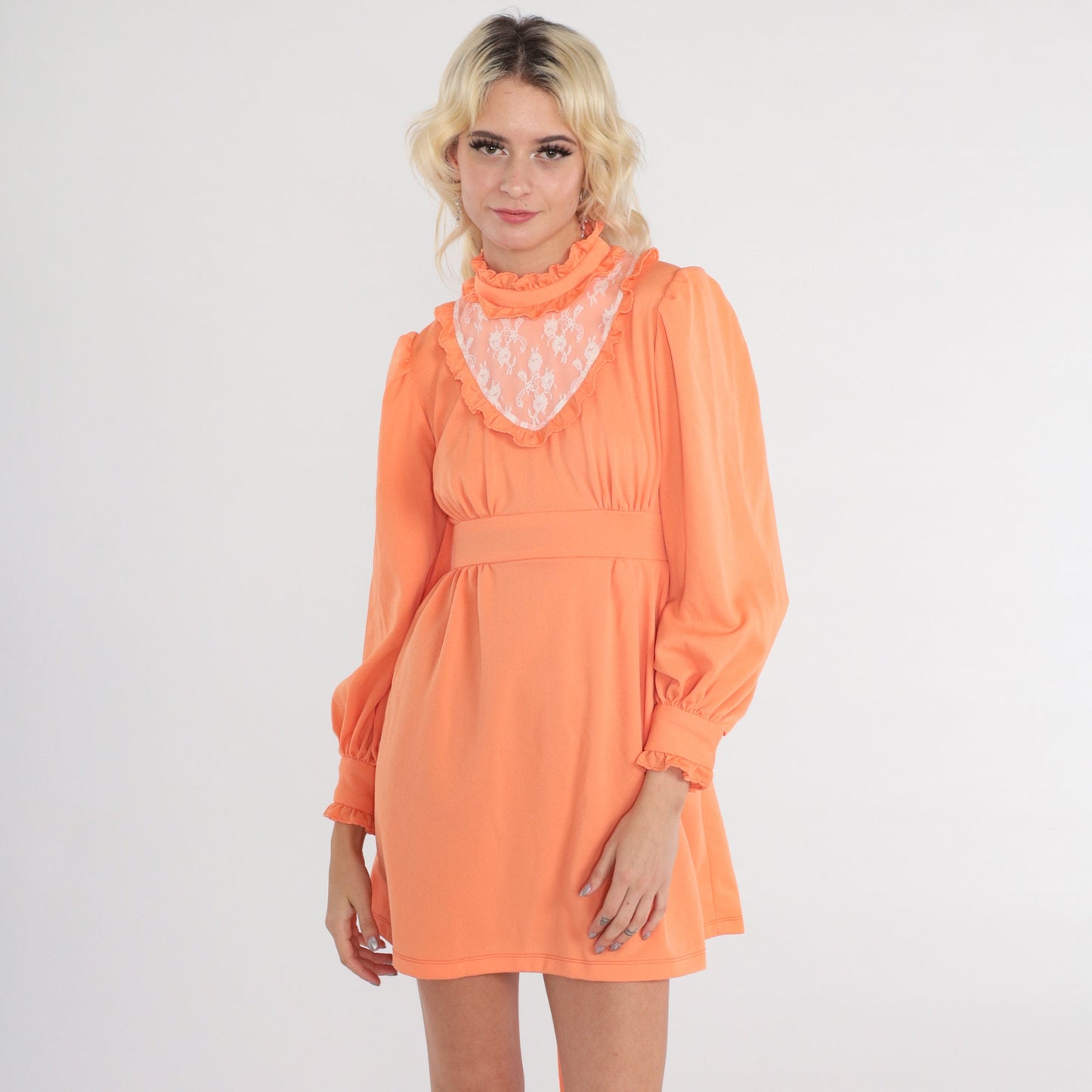 70s Orange Mini Dress White Lace Bib Empire Waist Puff Sleeve Small