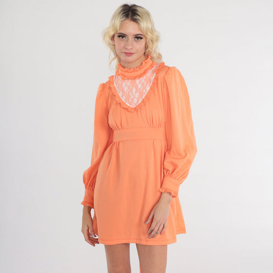 70s Orange Mini Dress White Lace Bib Empire Waist Puff Sleeve Small