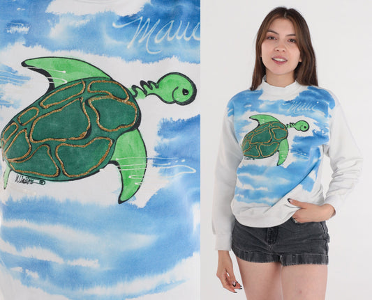 90s Maui Turtle Airbrushed Glitter Sweatshirt White Mockneck Extra Small XS