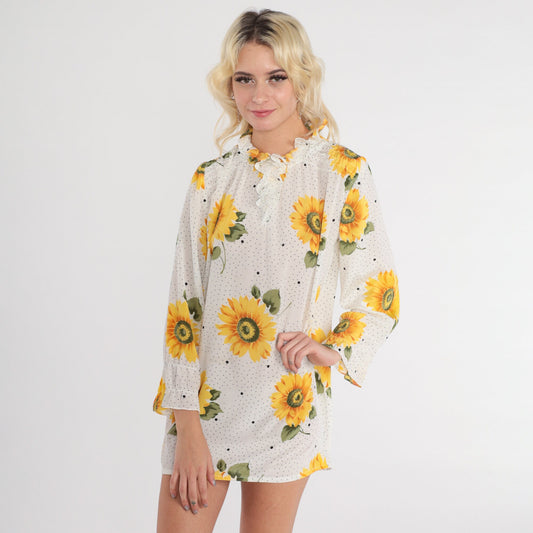 70s Sunflower Print Shift Dress White Long Sleeve Micro Mini Small