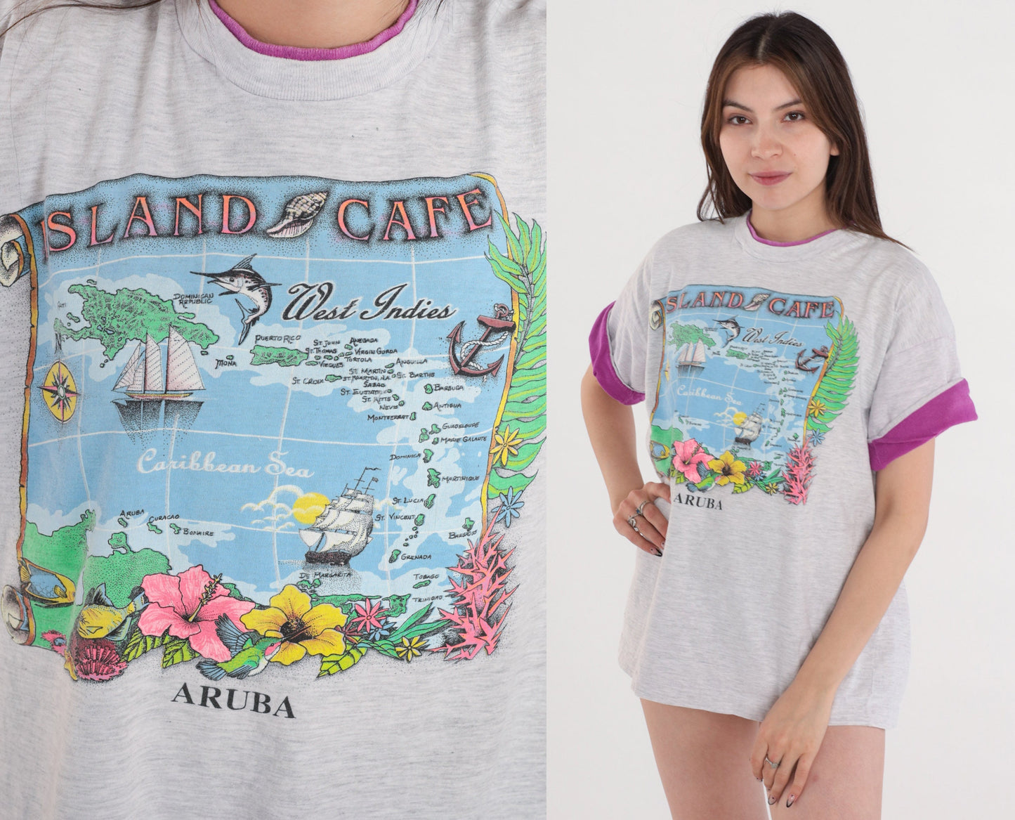 90s Island Cafe Aruba Graphic T-Shirt Grey Purple Cuff Large