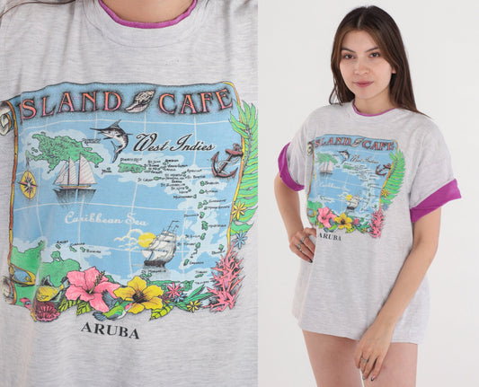90s Island Cafe Aruba Graphic T-Shirt Grey Purple Cuff Large